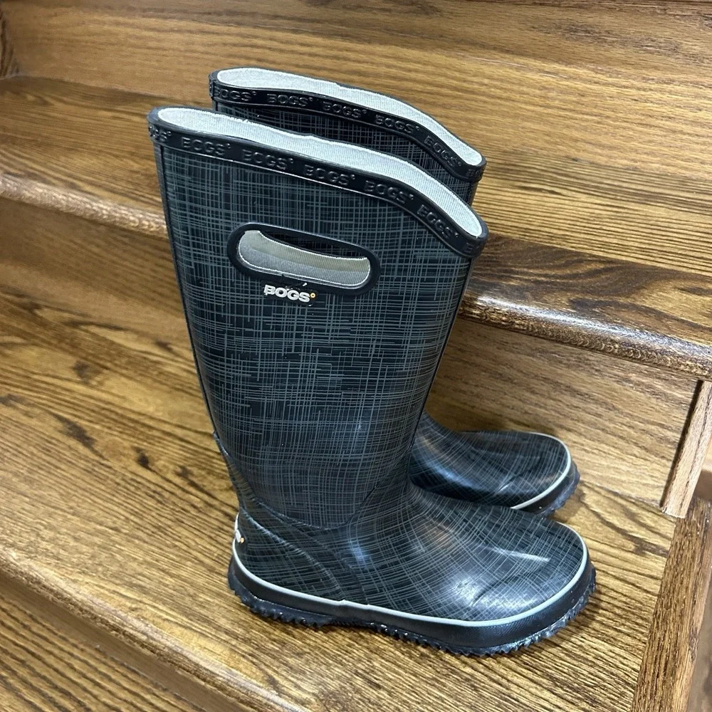 BOGS Women's Linen Rain Boots 71434-001 Size 6 Black Gray Tall Waterproof